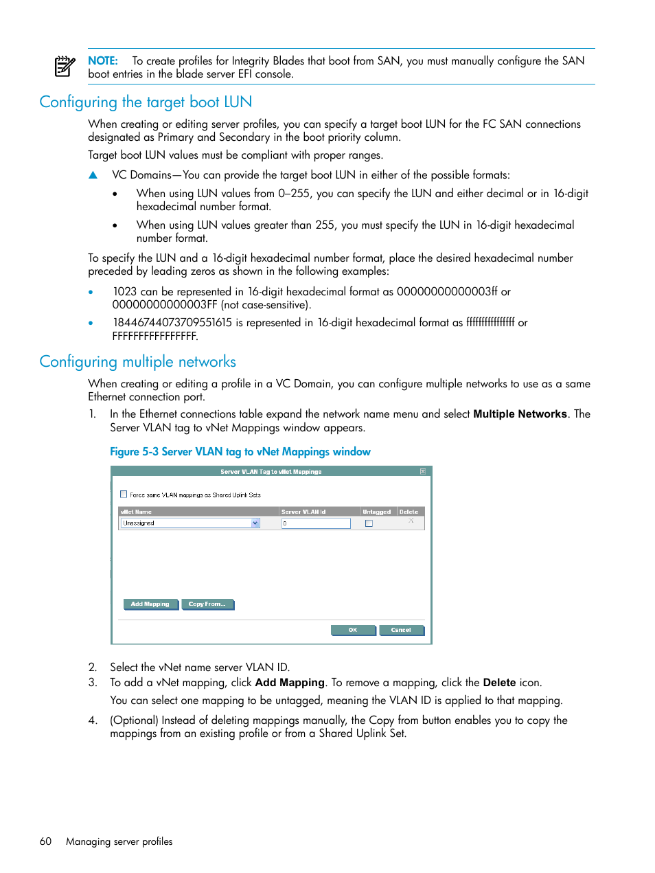 Configuring the target boot lun, Configuring multiple networks, Server vlan tag to vnet mappings window | HP Virtual Connect Enterprise Manager Software User Manual | Page 60 / 117