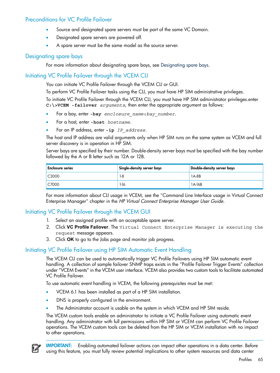 Preconditions for vc profile failover, Designating spare bays | HP Virtual Connect Enterprise Manager Software User Manual | Page 65 / 117