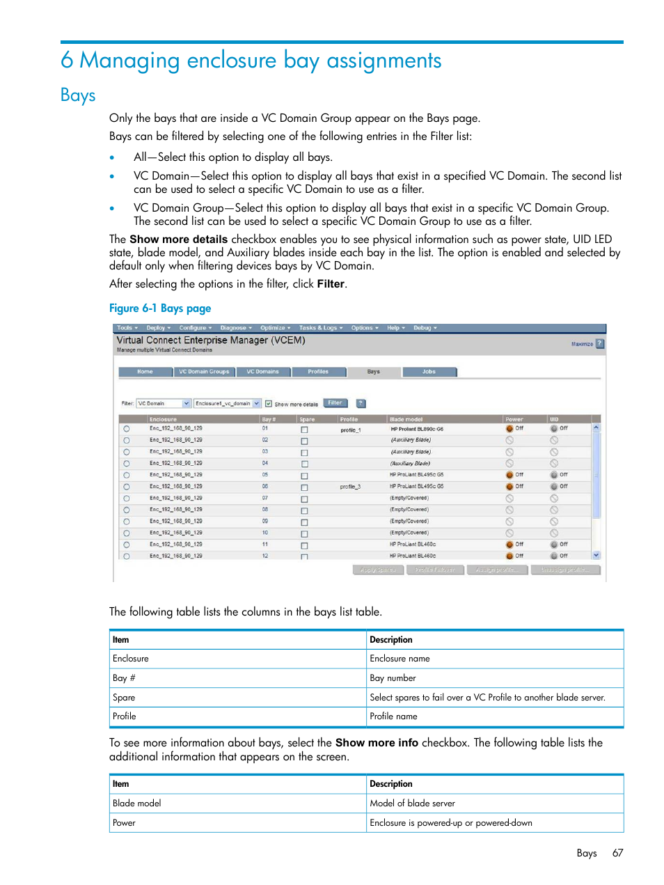 6 managing enclosure bay assignments, Bays | HP Virtual Connect Enterprise Manager Software User Manual | Page 67 / 117