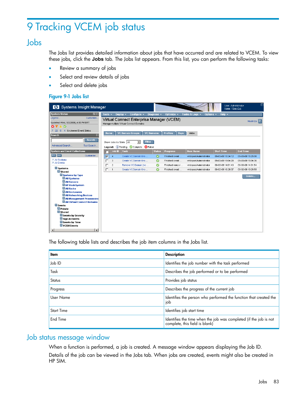 9 tracking vcem job status, Jobs, Job status message window | Jobs list | HP Virtual Connect Enterprise Manager Software User Manual | Page 83 / 117