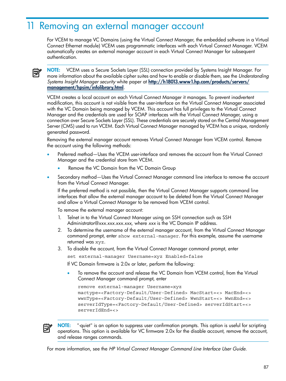 11 removing an external manager account | HP Virtual Connect Enterprise Manager Software User Manual | Page 87 / 117