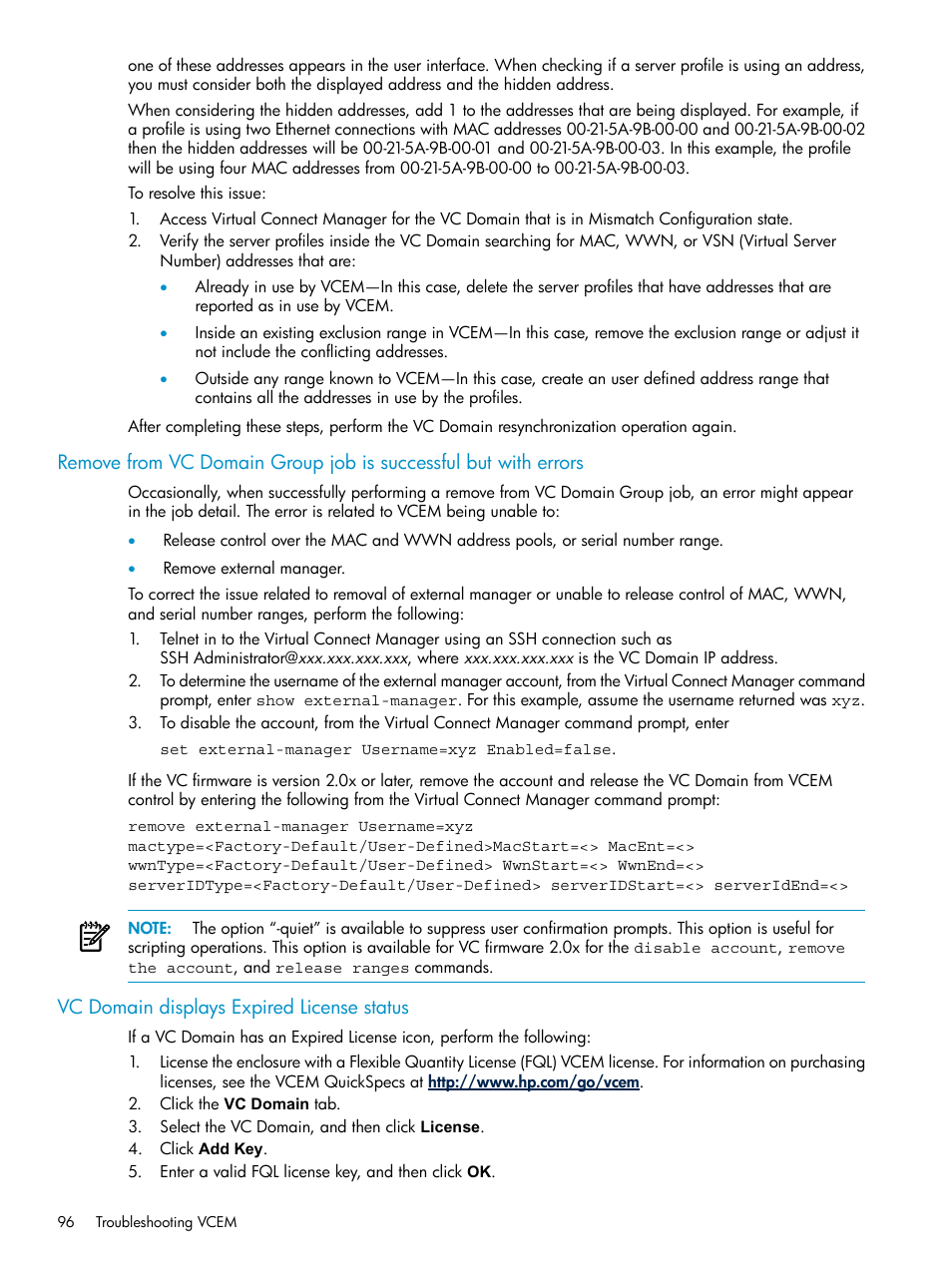 Vc domain displays expired license status | HP Virtual Connect Enterprise Manager Software User Manual | Page 96 / 117