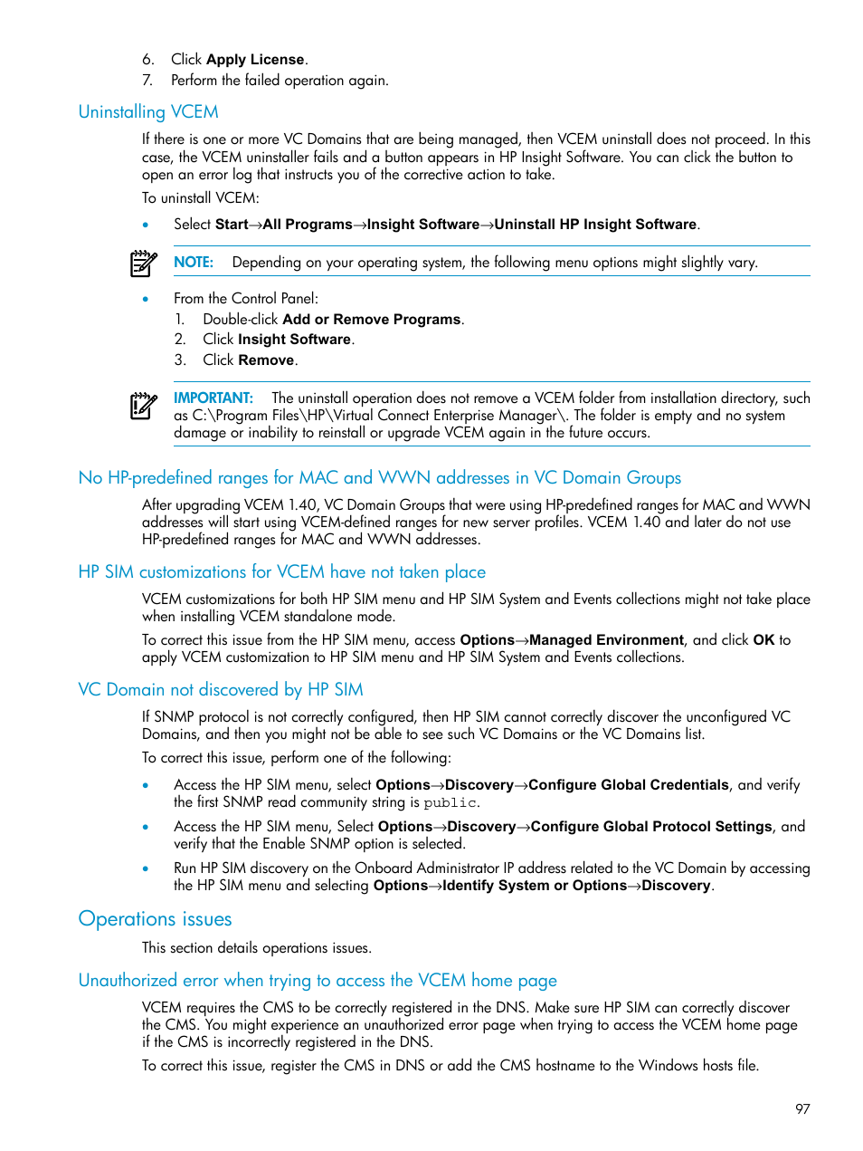 Uninstalling vcem, Vc domain not discovered by hp sim, Operations issues | HP Virtual Connect Enterprise Manager Software User Manual | Page 97 / 117