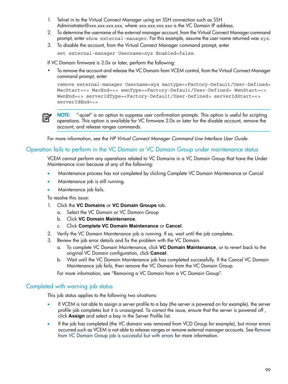 Completed with warning job status | HP Virtual Connect Enterprise Manager Software User Manual | Page 99 / 117