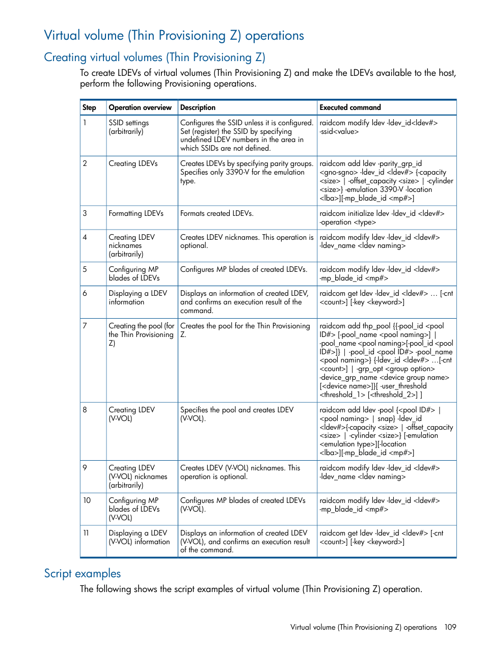 Virtual volume (thin provisioning z) operations, Creating virtual volumes (thin provisioning z), Script examples | HP XP P9500 Storage User Manual | Page 109 / 254