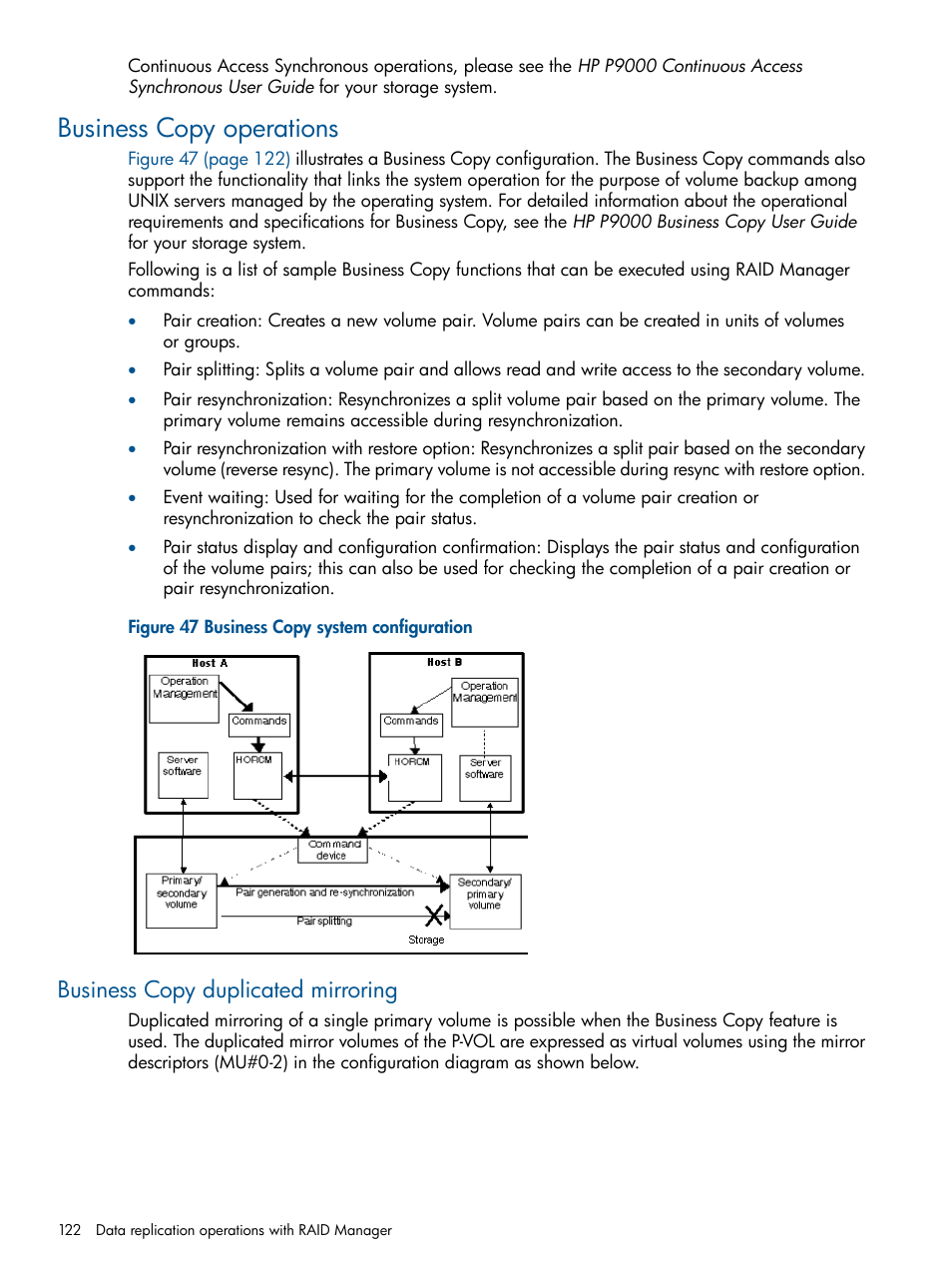 Business copy operations, Business copy duplicated mirroring | HP XP P9500 Storage User Manual | Page 122 / 254