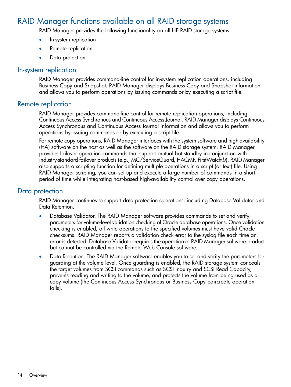 In-system replication, Remote replication, Data protection | HP XP P9500 Storage User Manual | Page 14 / 254