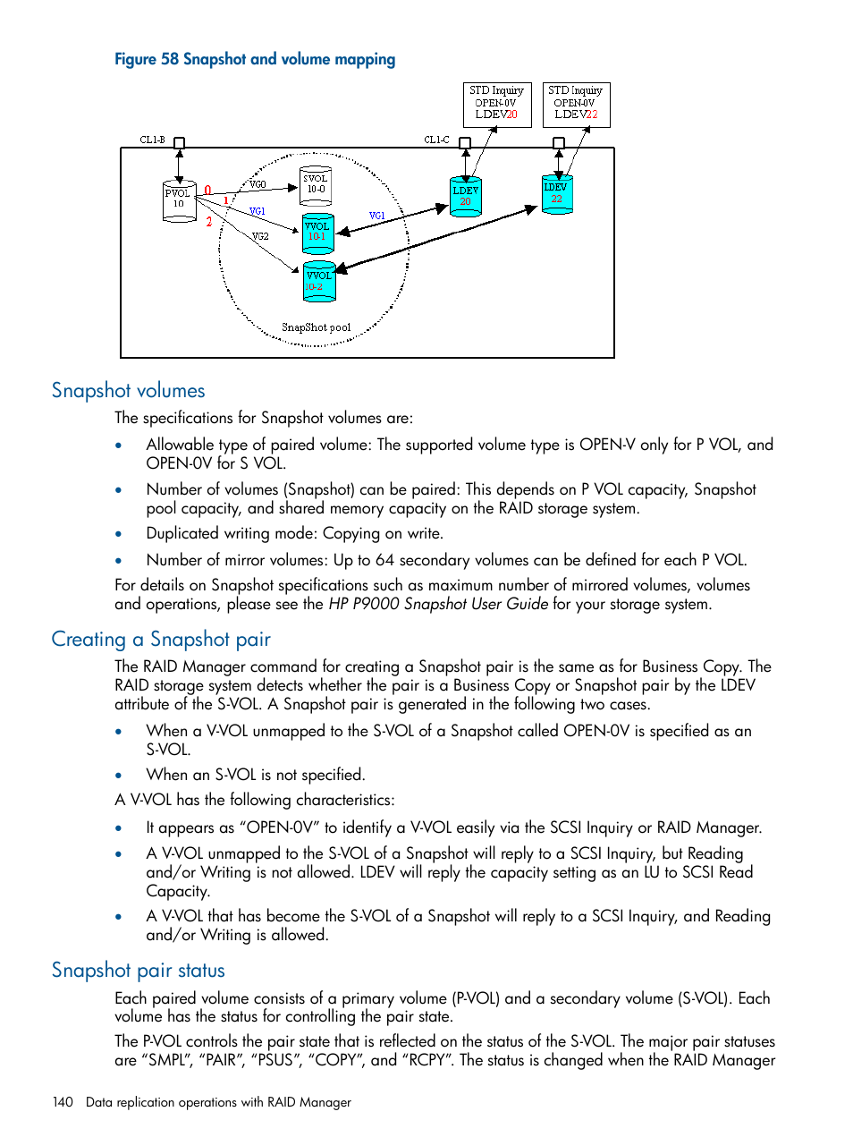 Snapshot volumes, Creating a snapshot pair, Snapshot pair status | HP XP P9500 Storage User Manual | Page 140 / 254
