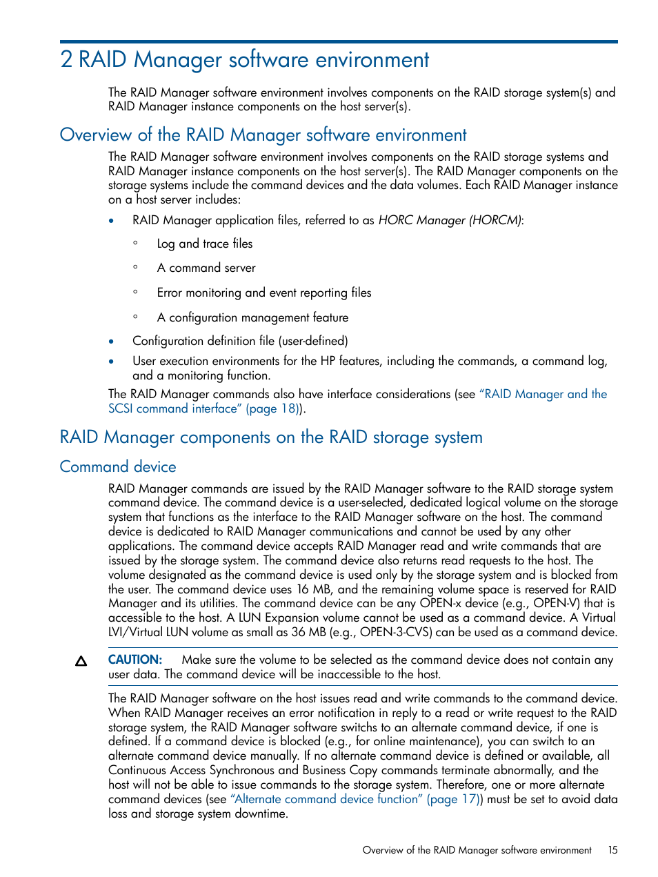 2 raid manager software environment, Overview of the raid manager software environment, Raid manager components on the raid storage system | Command device | HP XP P9500 Storage User Manual | Page 15 / 254
