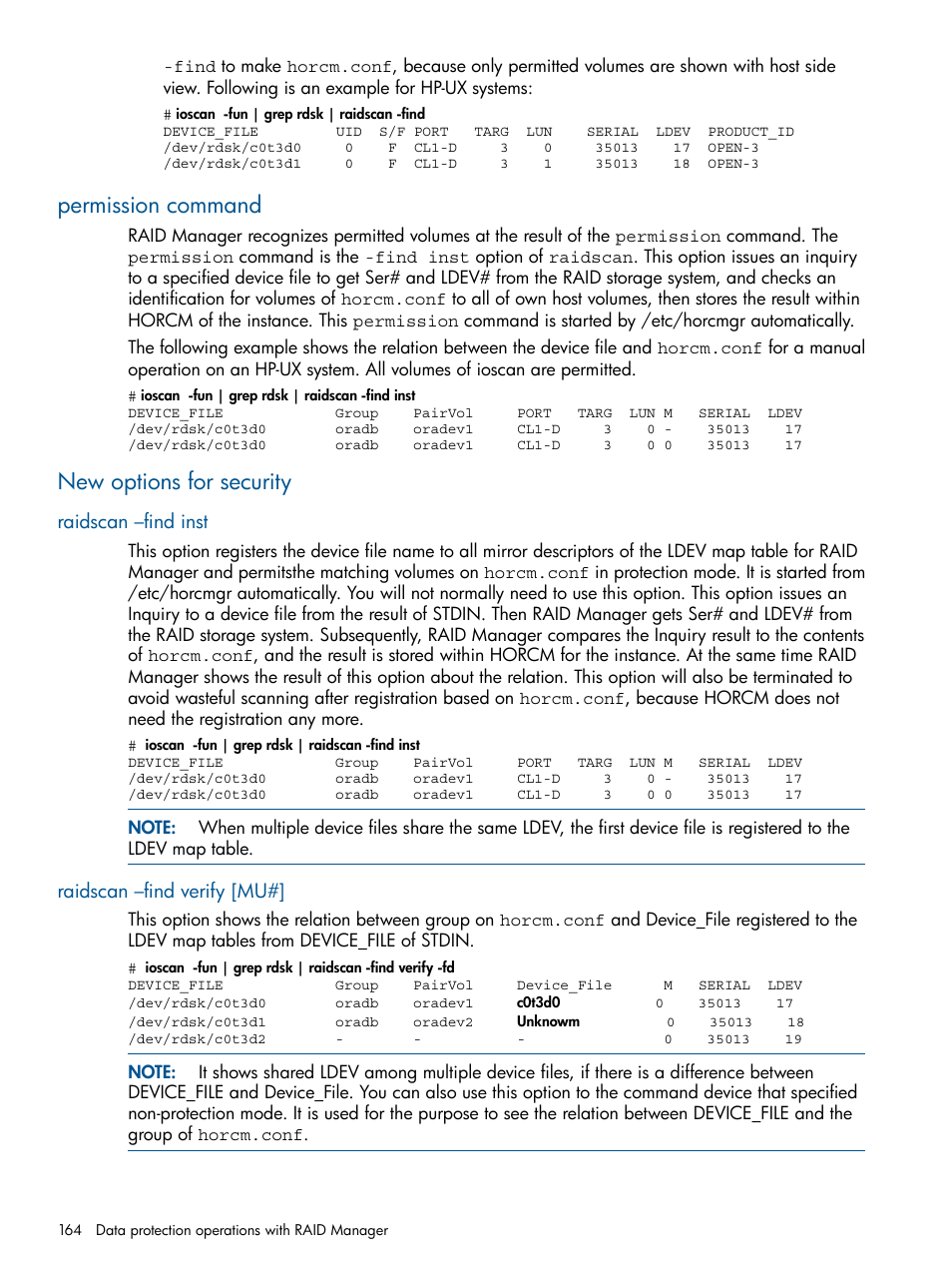 Permission command, New options for security, Raidscan –find inst | Raidscan –find verify [mu, Permission command new options for security, Raidscan –find inst raidscan –find verify [mu | HP XP P9500 Storage User Manual | Page 164 / 254