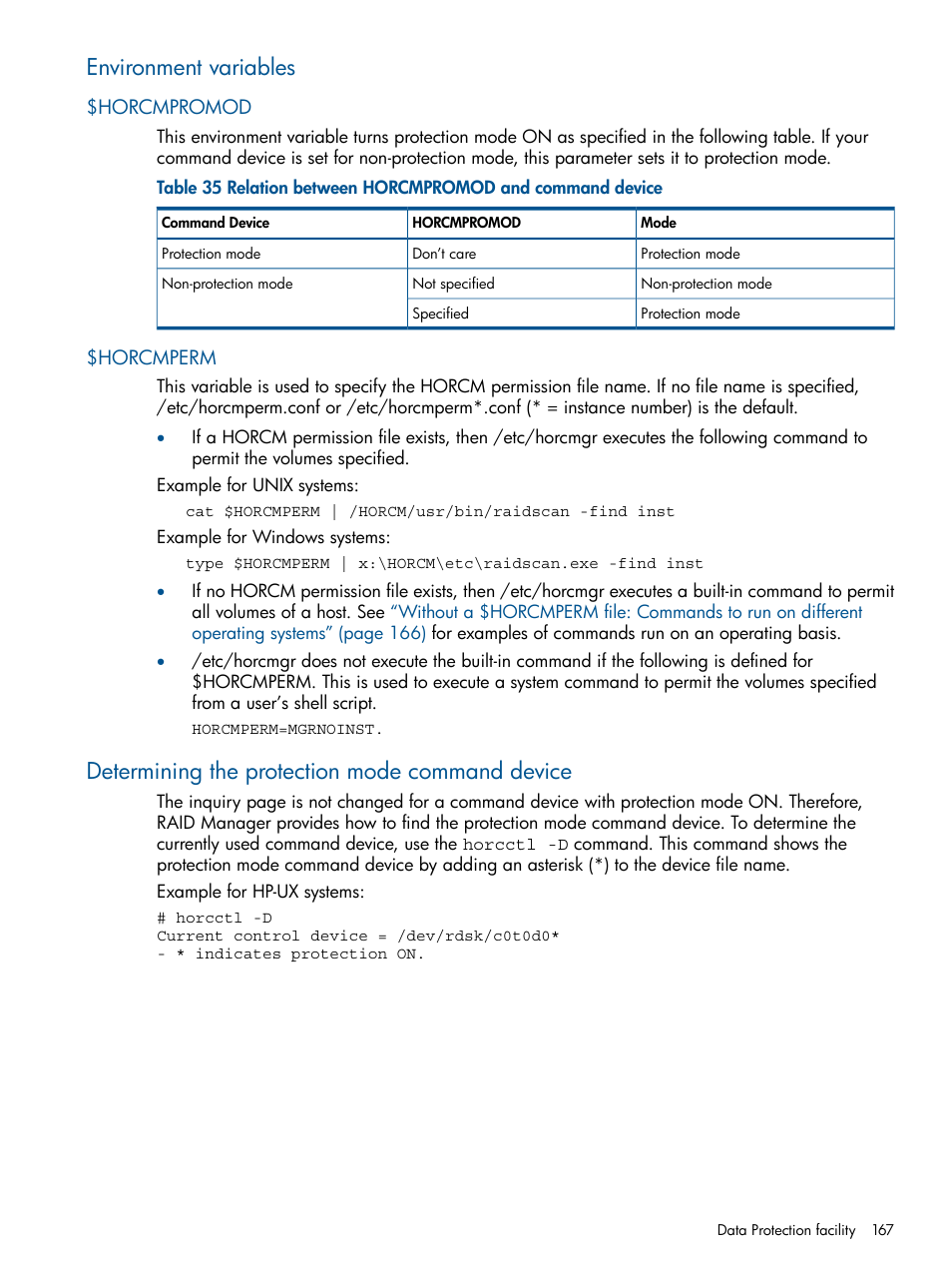 Environment variables, Horcmpromod, Horcmperm | Determining the protection mode command device, Horcmpromod $horcmperm | HP XP P9500 Storage User Manual | Page 167 / 254