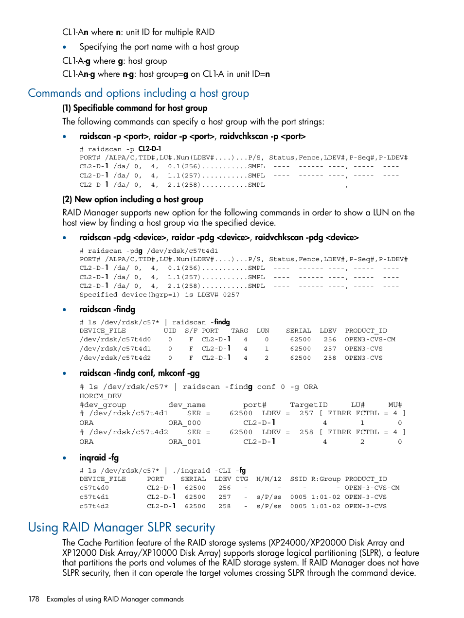 Commands and options including a host group, Using raid manager slpr security | HP XP P9500 Storage User Manual | Page 178 / 254