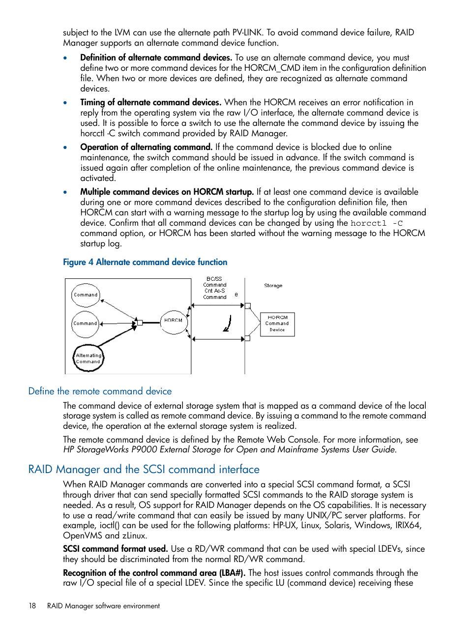 Define the remote command device, Raid manager and the scsi command interface, Raid manager and the | HP XP P9500 Storage User Manual | Page 18 / 254