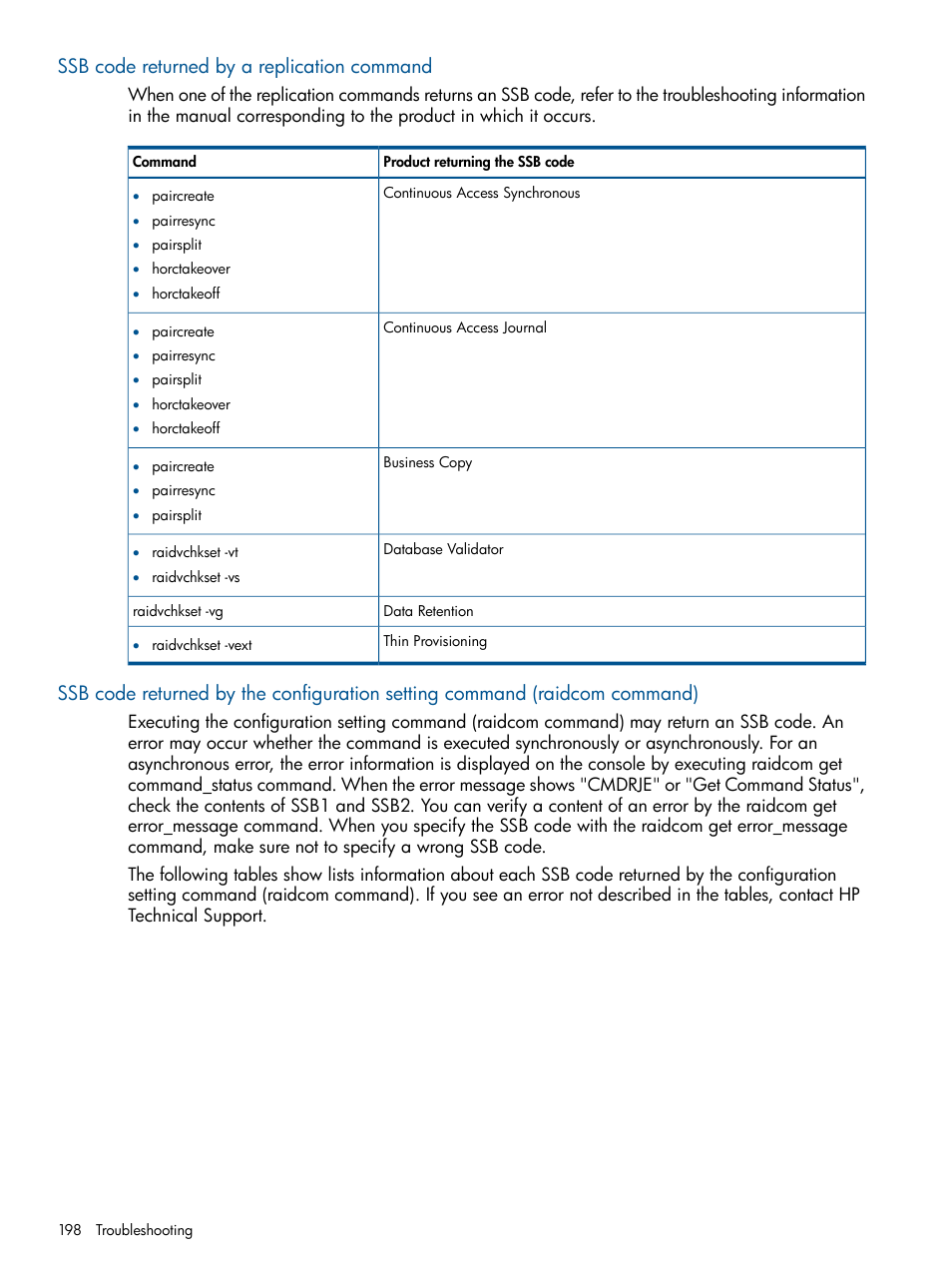 Ssb code returned by a replication command | HP XP P9500 Storage User Manual | Page 198 / 254