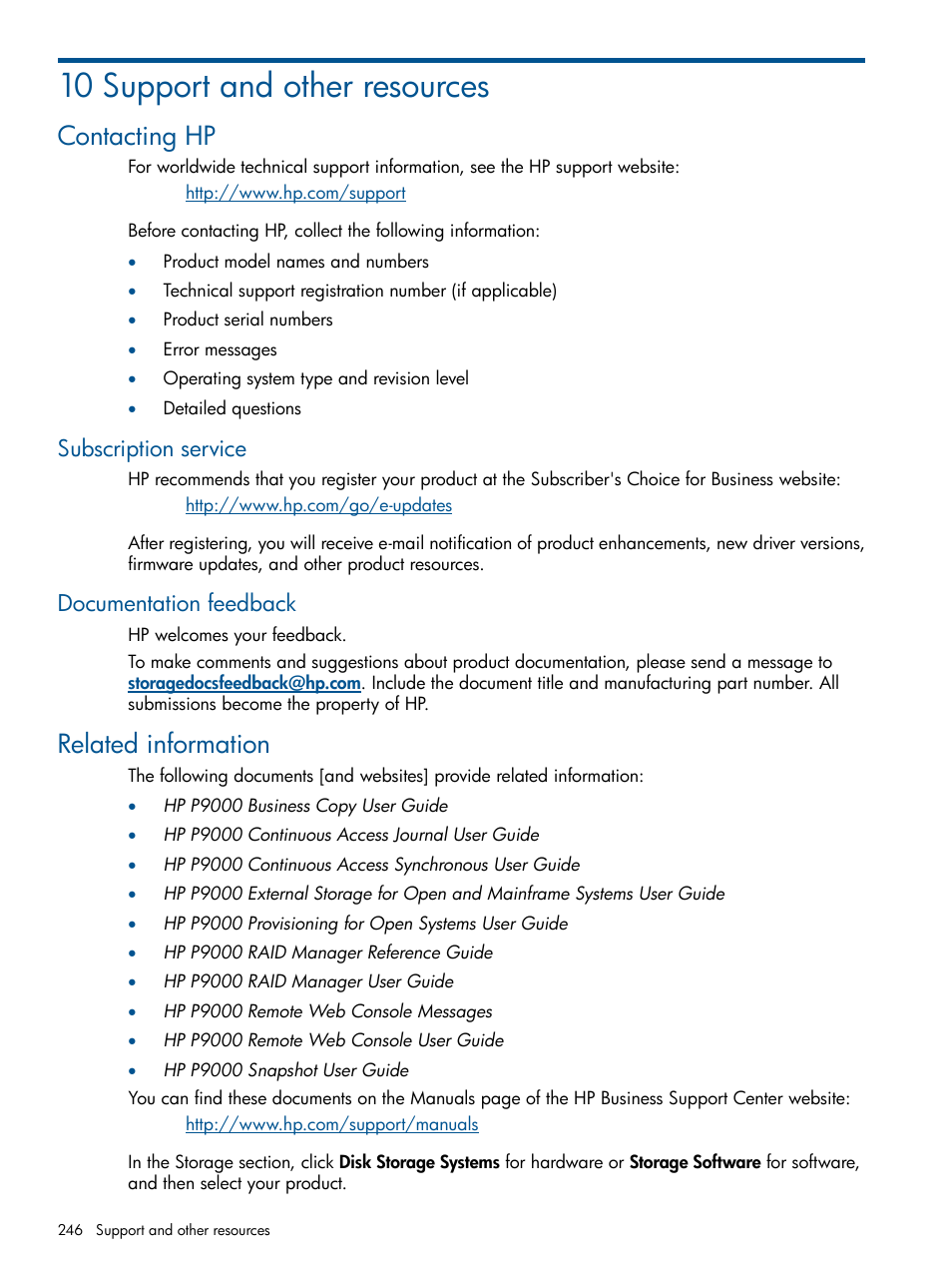 10 support and other resources, Contacting hp, Subscription service | Documentation feedback, Related information, Subscription service documentation feedback | HP XP P9500 Storage User Manual | Page 246 / 254