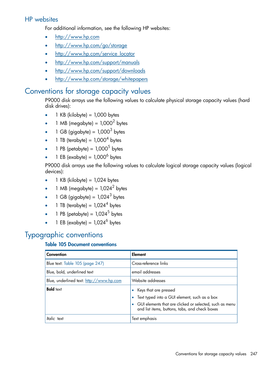 Hp websites, Conventions for storage capacity values, Typographic conventions | HP XP P9500 Storage User Manual | Page 247 / 254