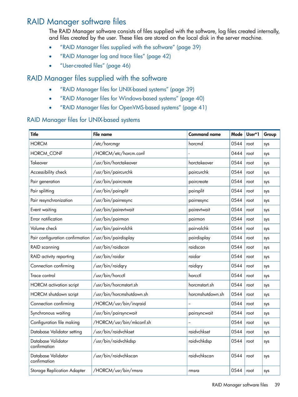 Raid manager software files, Raid manager files supplied with the software, Raid manager files for unix-based systems | HP XP P9500 Storage User Manual | Page 39 / 254