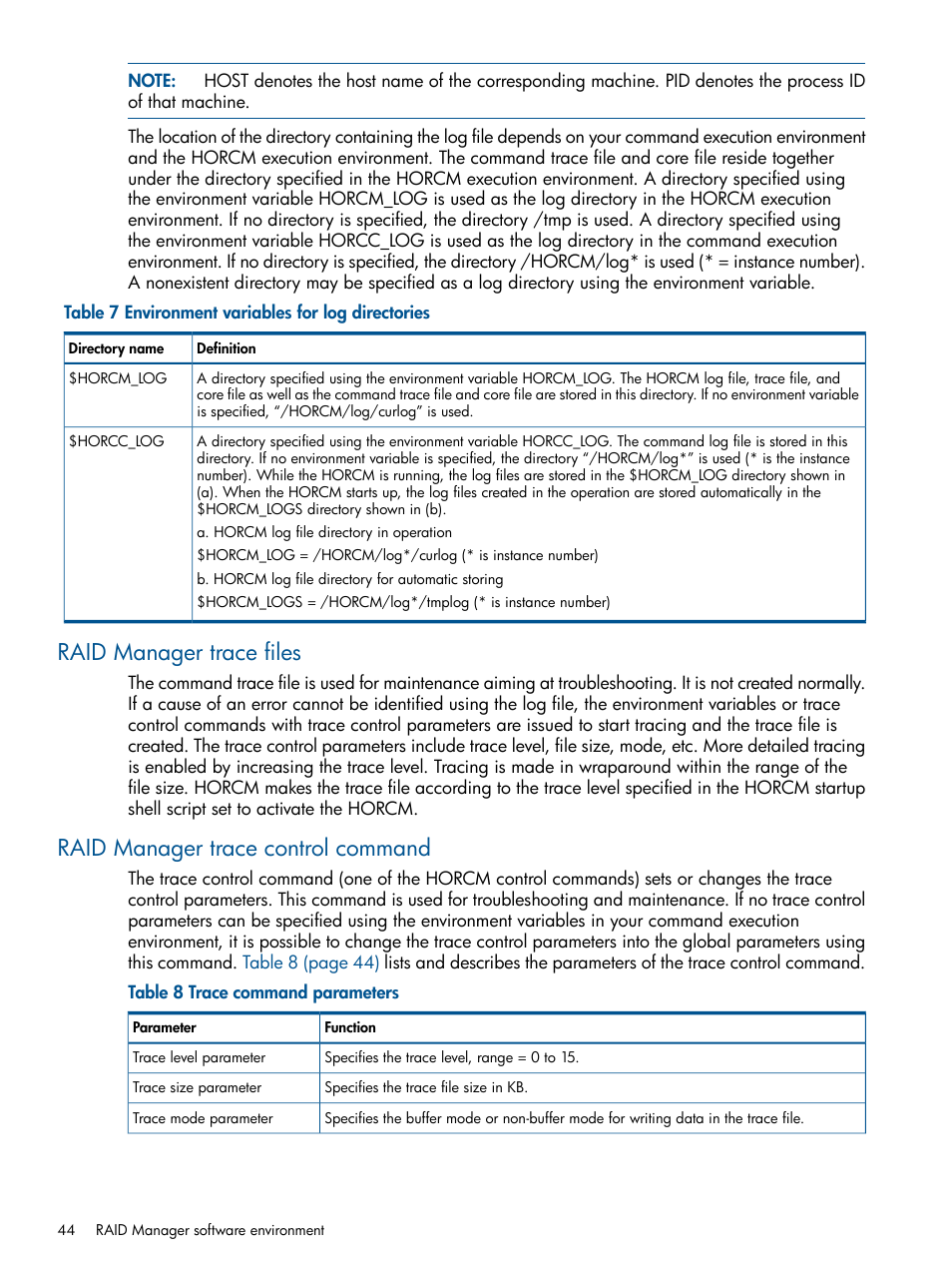 Raid manager trace files, Raid manager trace control command | HP XP P9500 Storage User Manual | Page 44 / 254