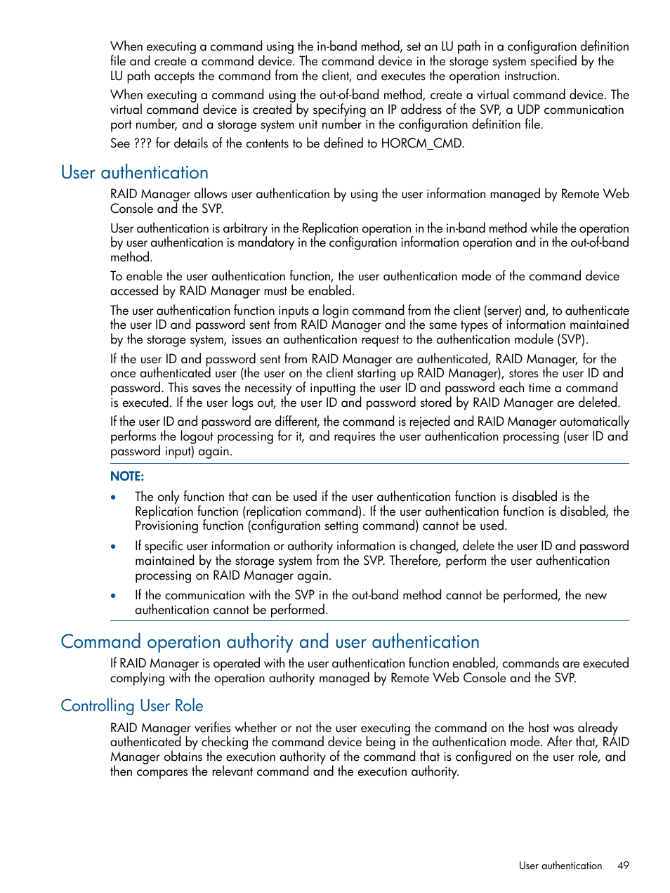 User authentication, Controlling user role | HP XP P9500 Storage User Manual | Page 49 / 254