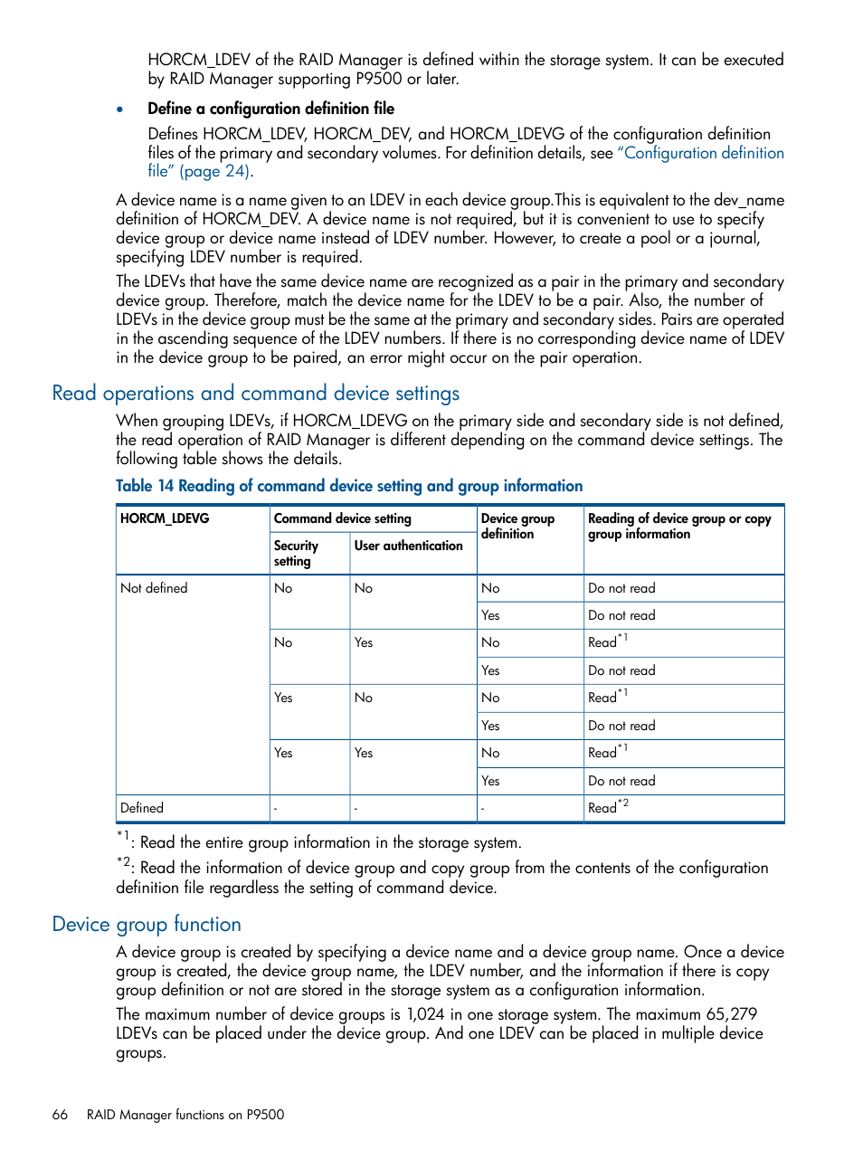 Read operations and command device settings, Device group function | HP XP P9500 Storage User Manual | Page 66 / 254