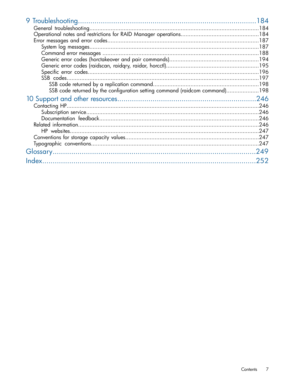 9 troubleshooting, 10 support and other resources, Glossary index | HP XP P9500 Storage User Manual | Page 7 / 254