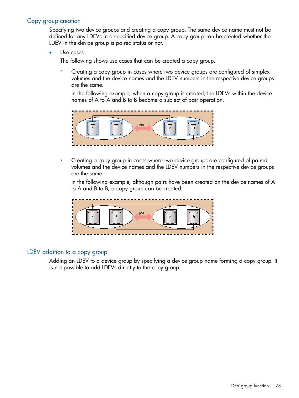 Copy group creation, Ldev addition to a copy group, Copy group creation ldev addition to a copy group | HP XP P9500 Storage User Manual | Page 73 / 254