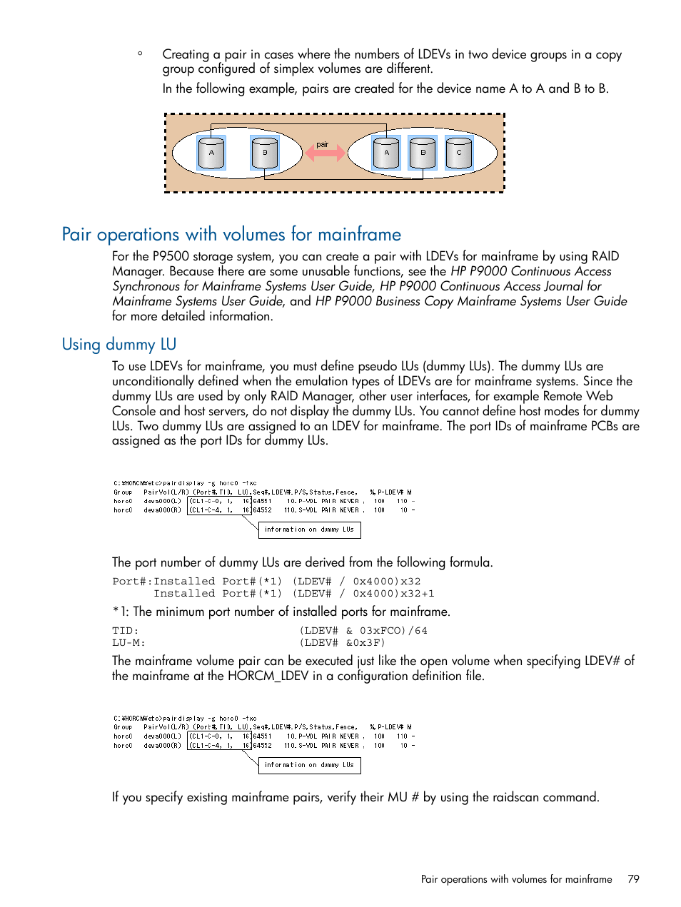 Pair operations with volumes for mainframe, Using dummy lu | HP XP P9500 Storage User Manual | Page 79 / 254