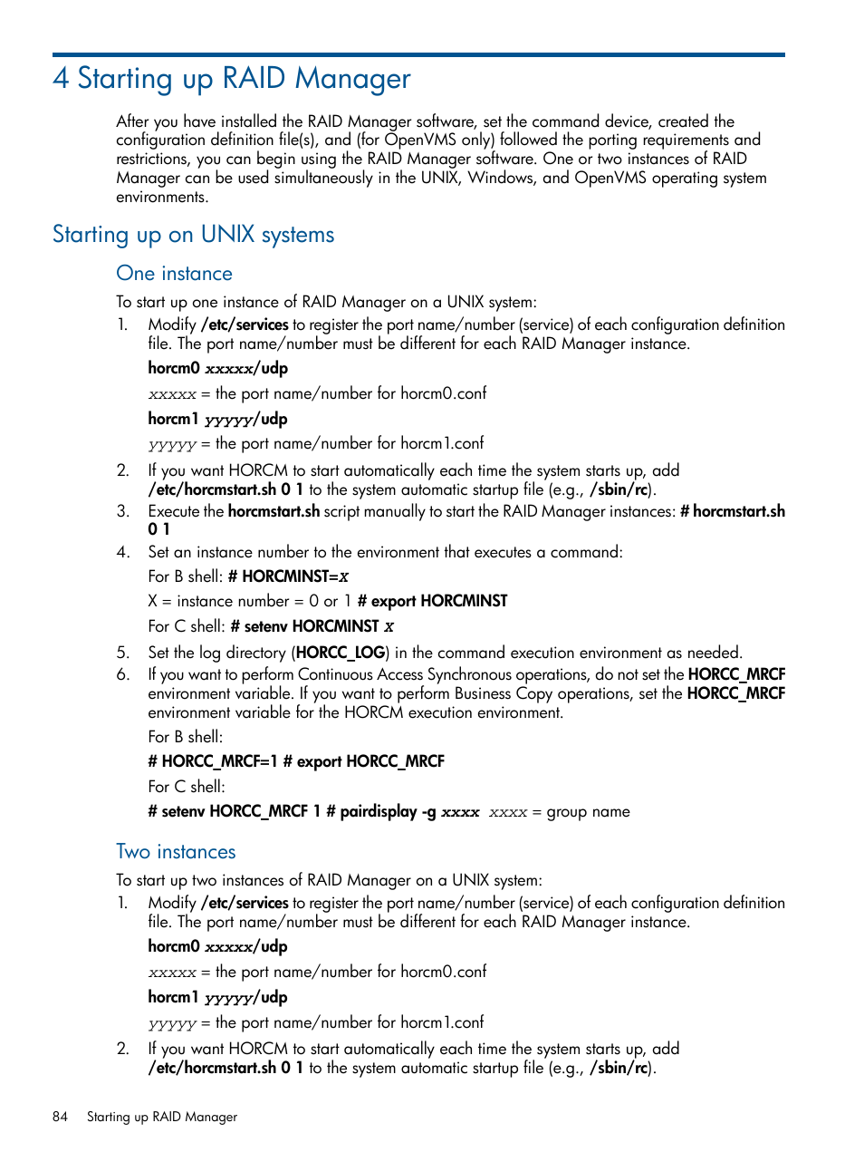4 starting up raid manager, Starting up on unix systems, One instance | Two instances | HP XP P9500 Storage User Manual | Page 84 / 254