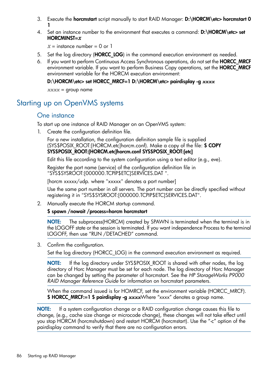 Starting up on openvms systems, One instance | HP XP P9500 Storage User Manual | Page 86 / 254