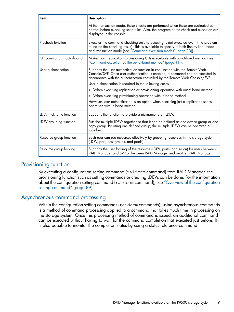 Provisioning function, Asynchronous command processing | HP XP P9500 Storage User Manual | Page 9 / 254