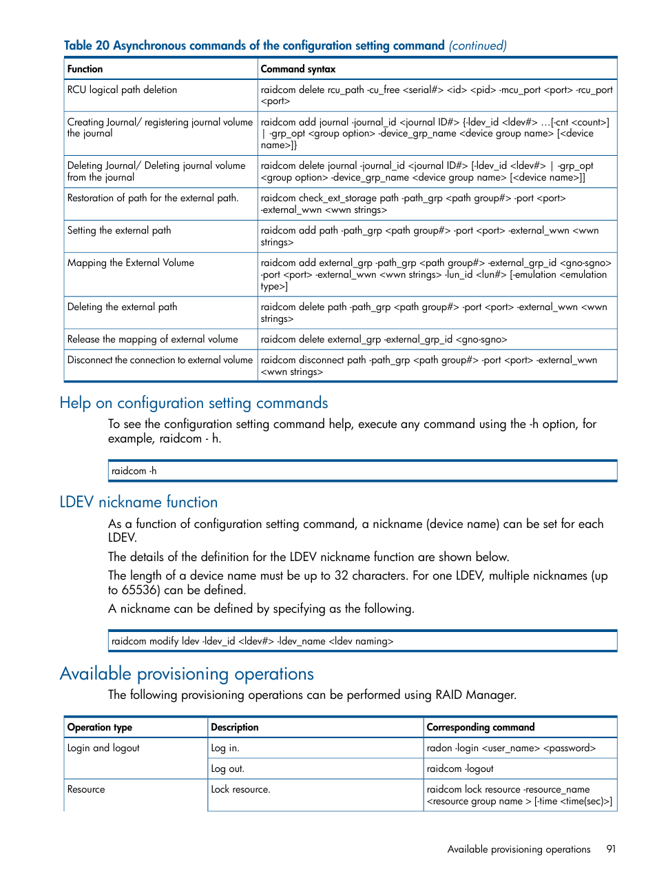 Help on configuration setting commands, Ldev nickname function, Available provisioning operations | HP XP P9500 Storage User Manual | Page 91 / 254