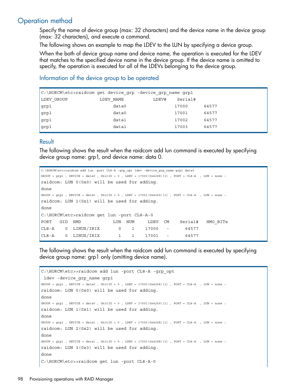 Operation method, Information of the device group to be operated, Result | HP XP P9500 Storage User Manual | Page 98 / 254