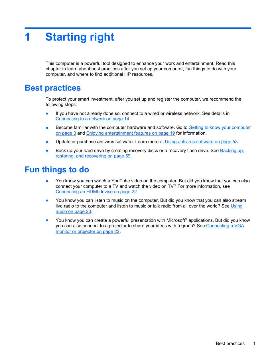 Starting right, Best practices, Fun things to do | 1 starting right, Best practices fun things to do, 1starting right | HP 215 G1 Notebook PC User Manual | Page 11 / 85