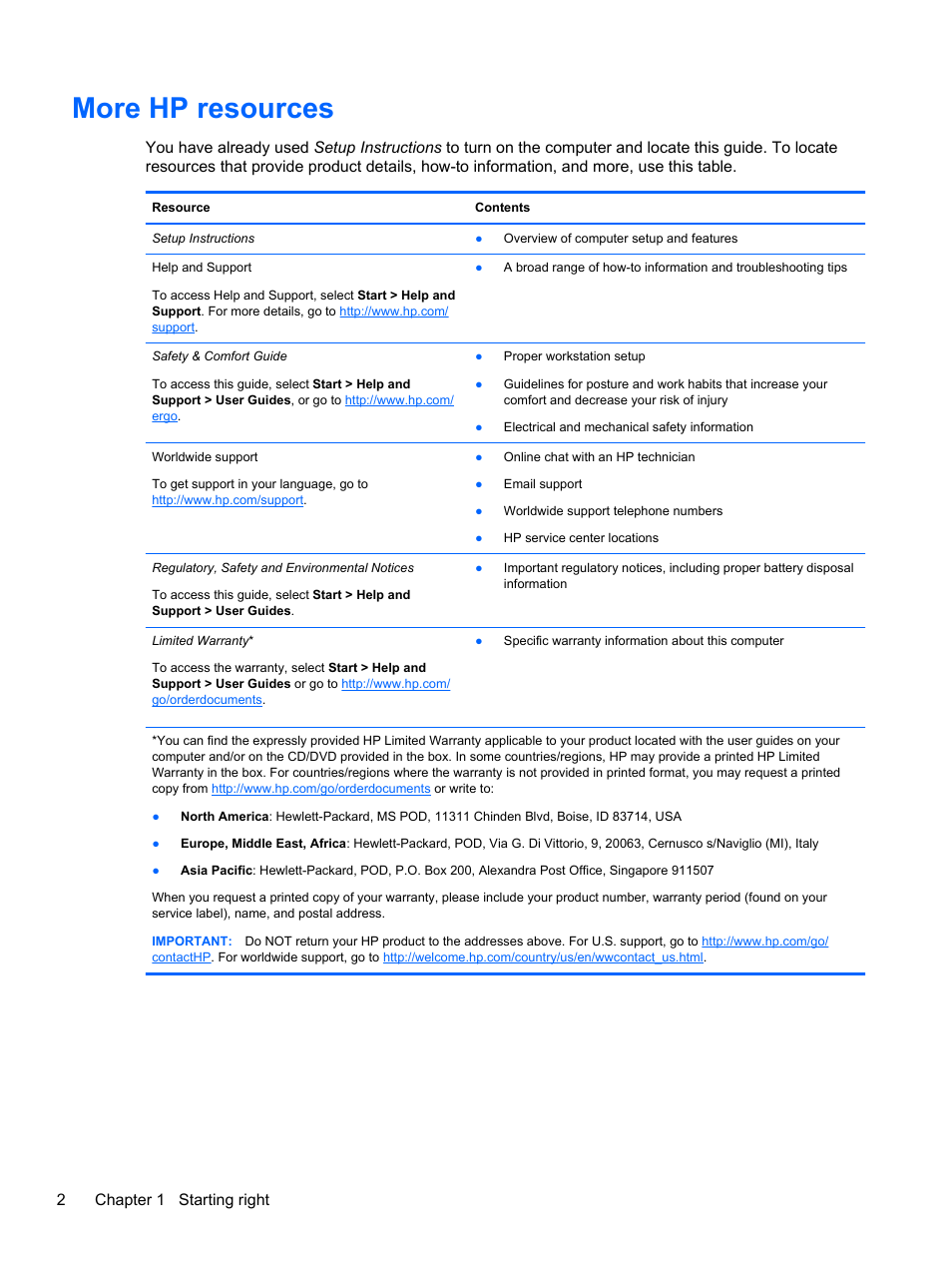 More hp resources, 2chapter 1 starting right | HP 215 G1 Notebook PC User Manual | Page 12 / 85