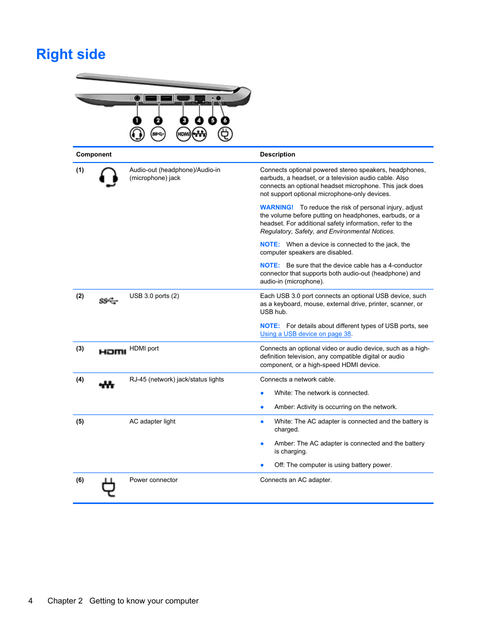 Right side, 4chapter 2 getting to know your computer | HP 215 G1 Notebook PC User Manual | Page 14 / 85