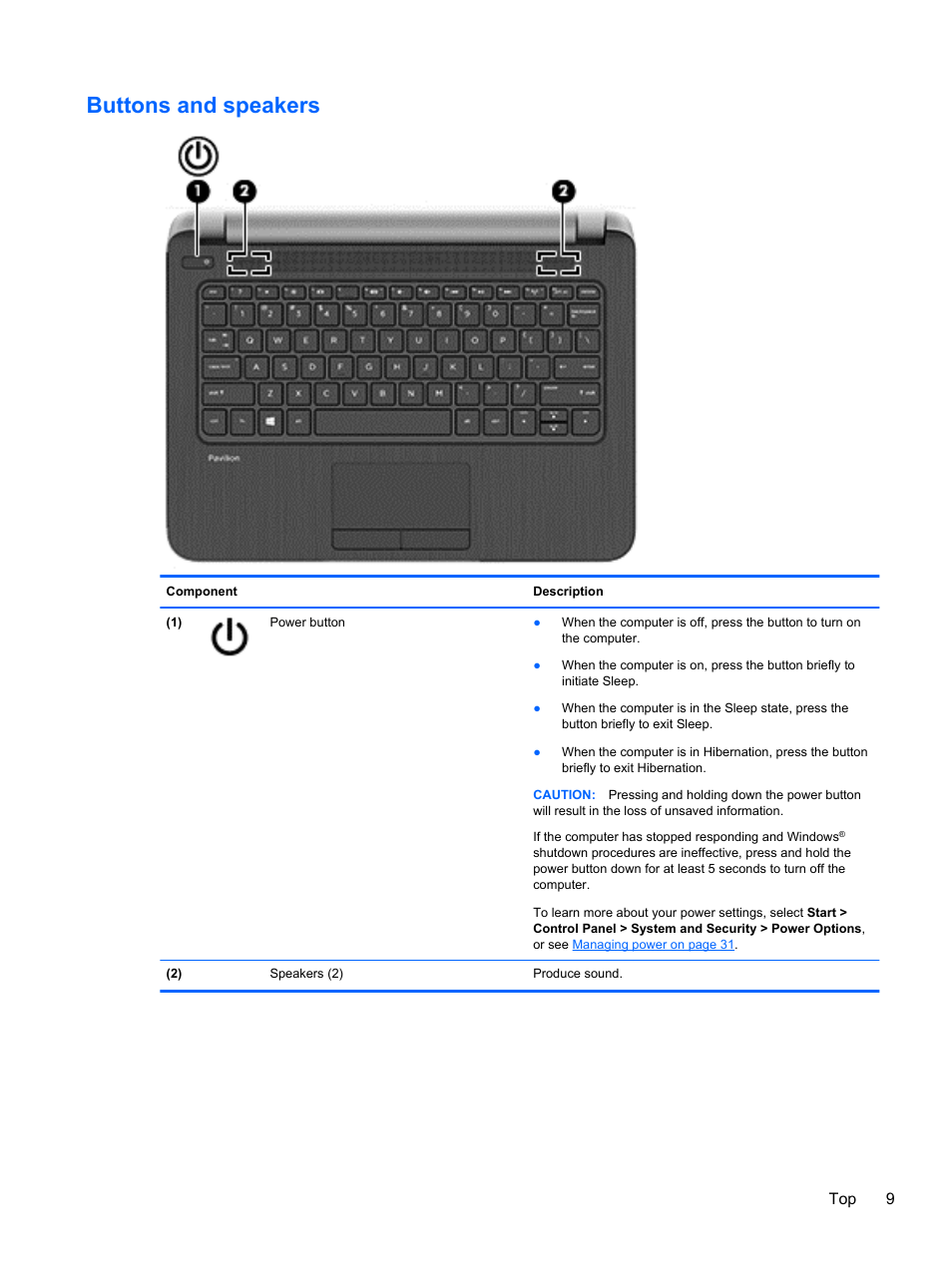 Buttons and speakers, Top 9 | HP 215 G1 Notebook PC User Manual | Page 19 / 85