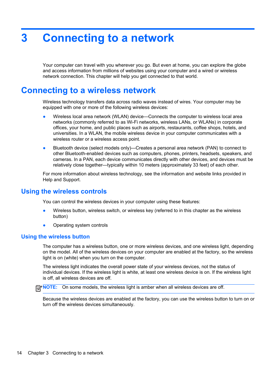 Connecting to a network, Connecting to a wireless network, Using the wireless controls | Using the wireless button, 3 connecting to a network, 3connecting to a network | HP 215 G1 Notebook PC User Manual | Page 24 / 85