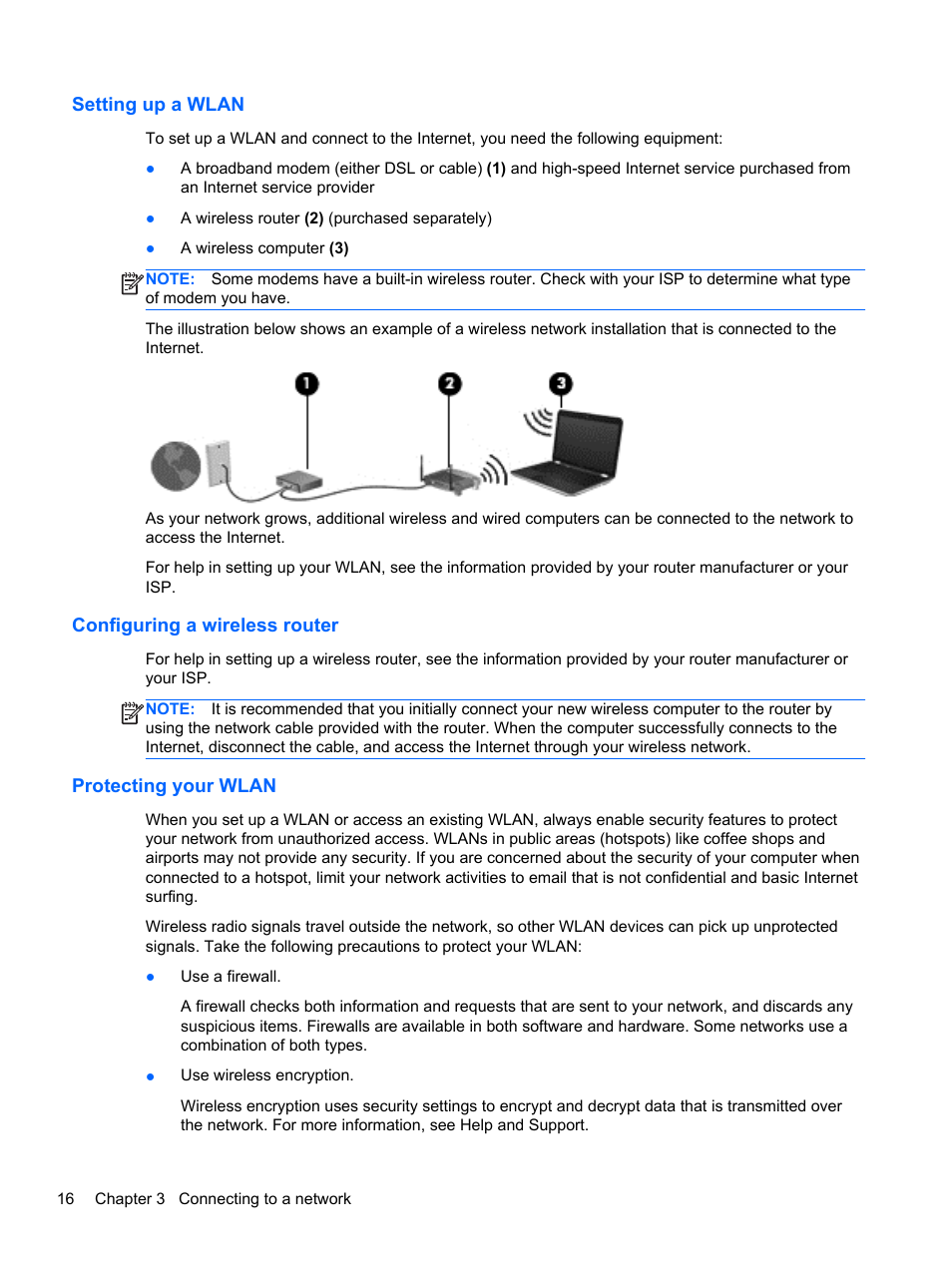 Setting up a wlan, Configuring a wireless router, Protecting your wlan | HP 215 G1 Notebook PC User Manual | Page 26 / 85