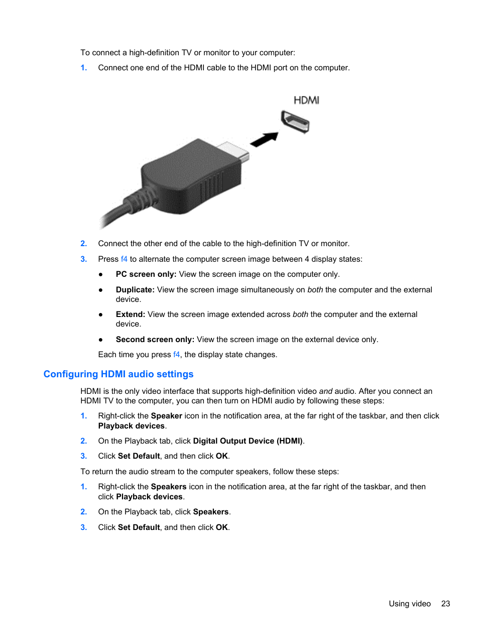 Configuring hdmi audio settings | HP 215 G1 Notebook PC User Manual | Page 33 / 85