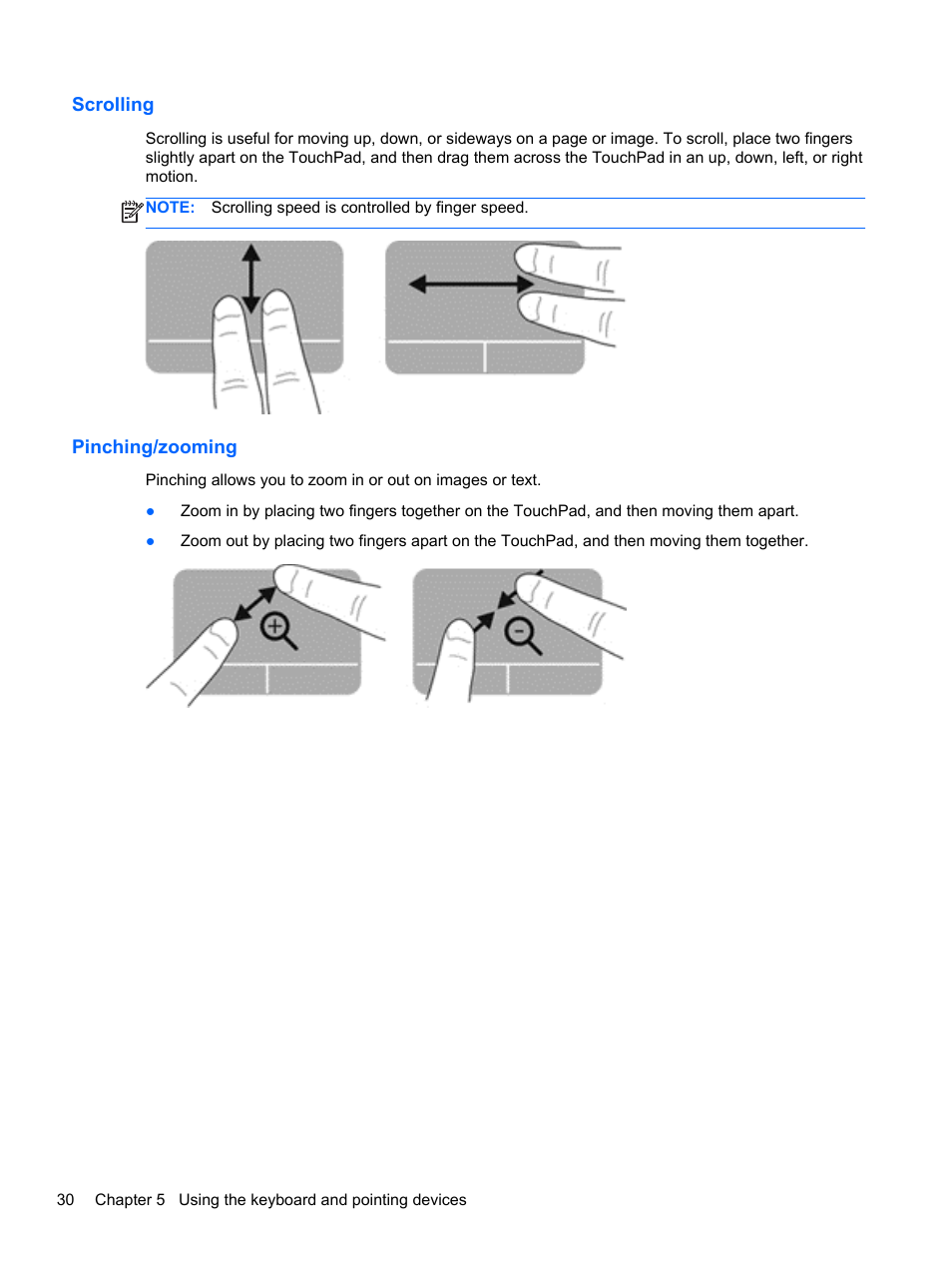 Scrolling, Pinching/zooming, Scrolling pinching/zooming | HP 215 G1 Notebook PC User Manual | Page 40 / 85