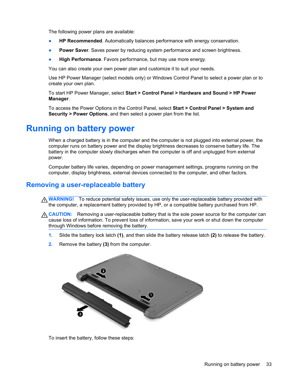 Running on battery power, Removing a user-replaceable battery | HP 215 G1 Notebook PC User Manual | Page 43 / 85