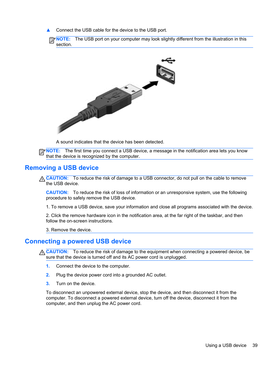 Removing a usb device, Connecting a powered usb device | HP 215 G1 Notebook PC User Manual | Page 49 / 85