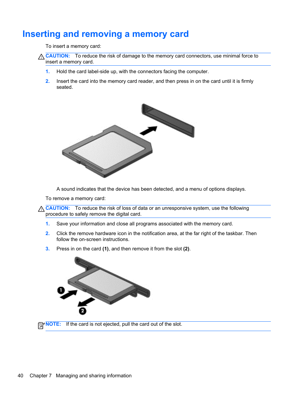 Inserting and removing a memory card | HP 215 G1 Notebook PC User Manual | Page 50 / 85