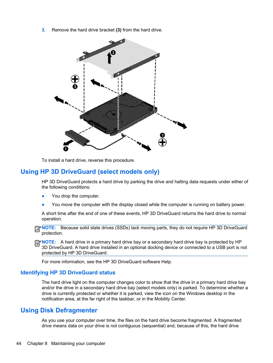 Using hp 3d driveguard (select models only), Identifying hp 3d driveguard status, Using disk defragmenter | HP 215 G1 Notebook PC User Manual | Page 54 / 85