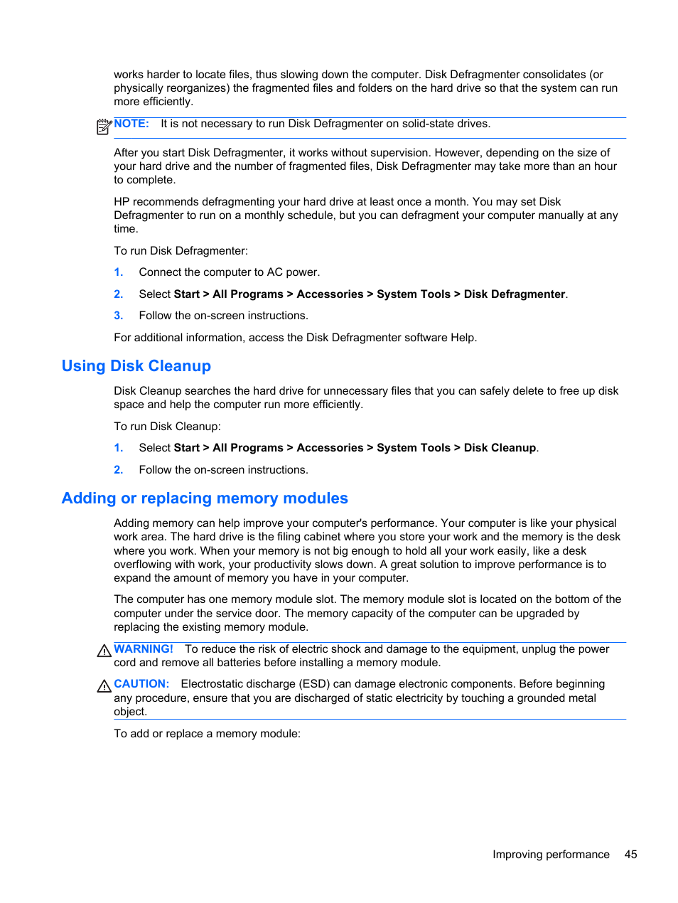 Using disk cleanup, Adding or replacing memory modules | HP 215 G1 Notebook PC User Manual | Page 55 / 85