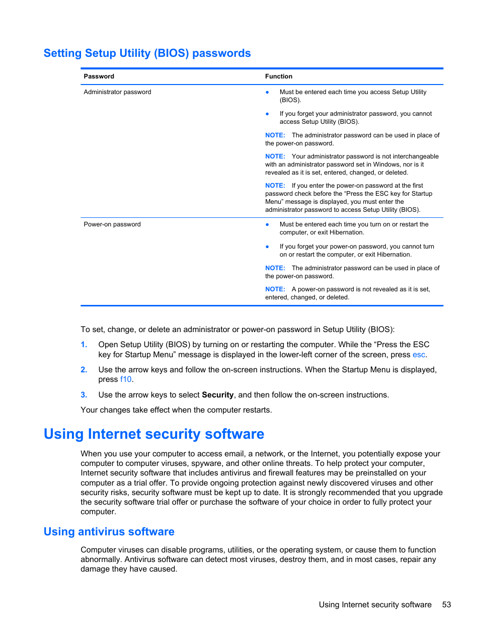 Setting setup utility (bios) passwords, Using internet security software, Using antivirus software | HP 215 G1 Notebook PC User Manual | Page 63 / 85