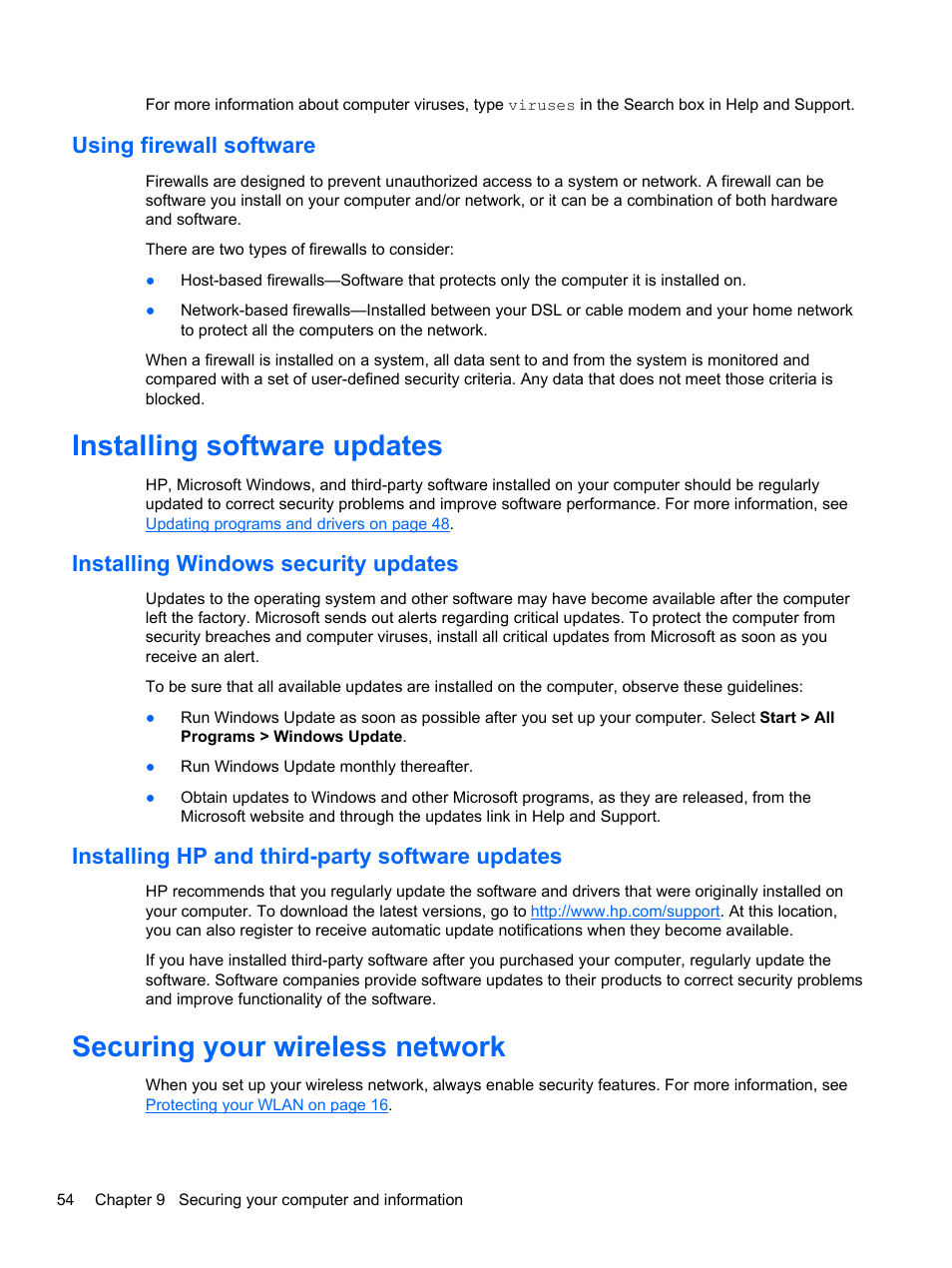 Using firewall software, Installing software updates, Installing windows security updates | Installing hp and third-party software updates, Securing your wireless network | HP 215 G1 Notebook PC User Manual | Page 64 / 85