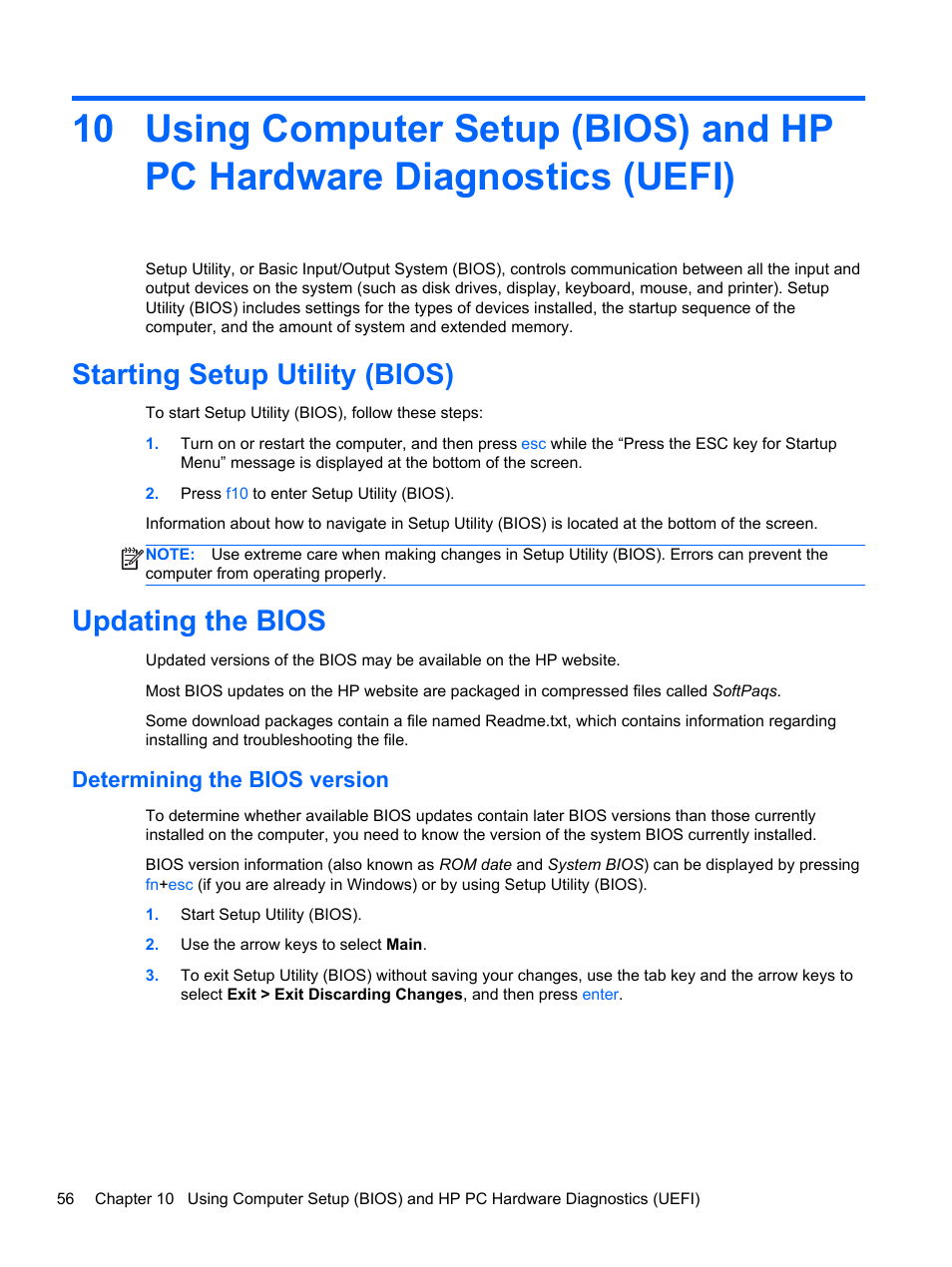Starting setup utility (bios), Updating the bios, Determining the bios version | Starting setup utility (bios) updating the bios | HP 215 G1 Notebook PC User Manual | Page 66 / 85