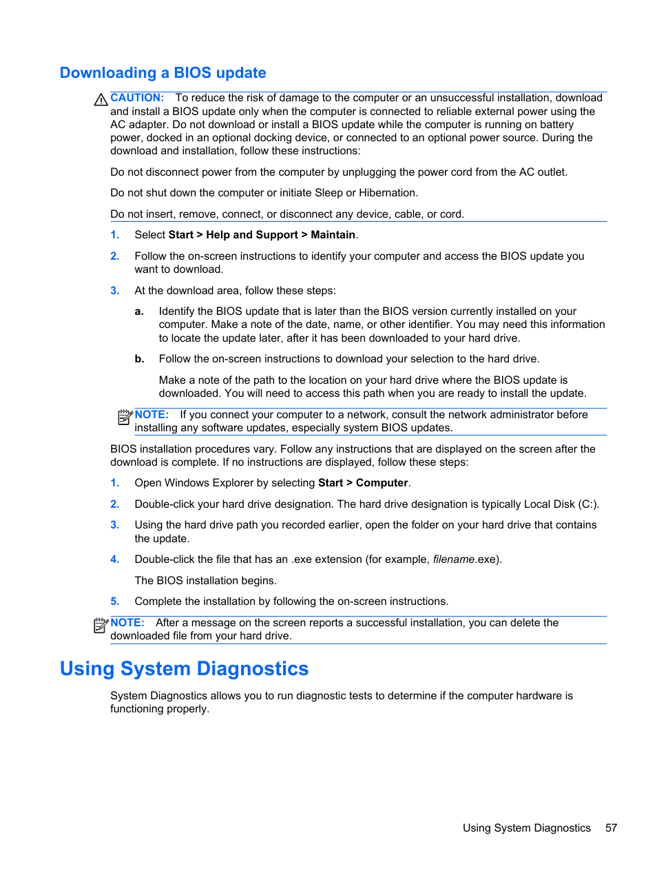 Downloading a bios update, Using system diagnostics | HP 215 G1 Notebook PC User Manual | Page 67 / 85
