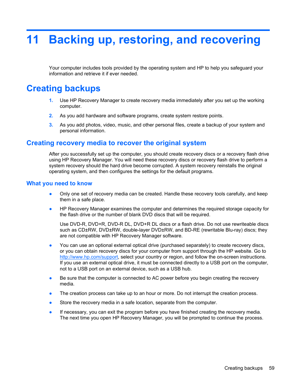 Backing up, restoring, and recovering, Creating backups, What you need to know | 11 backing up, restoring, and recovering, Backing up | HP 215 G1 Notebook PC User Manual | Page 69 / 85